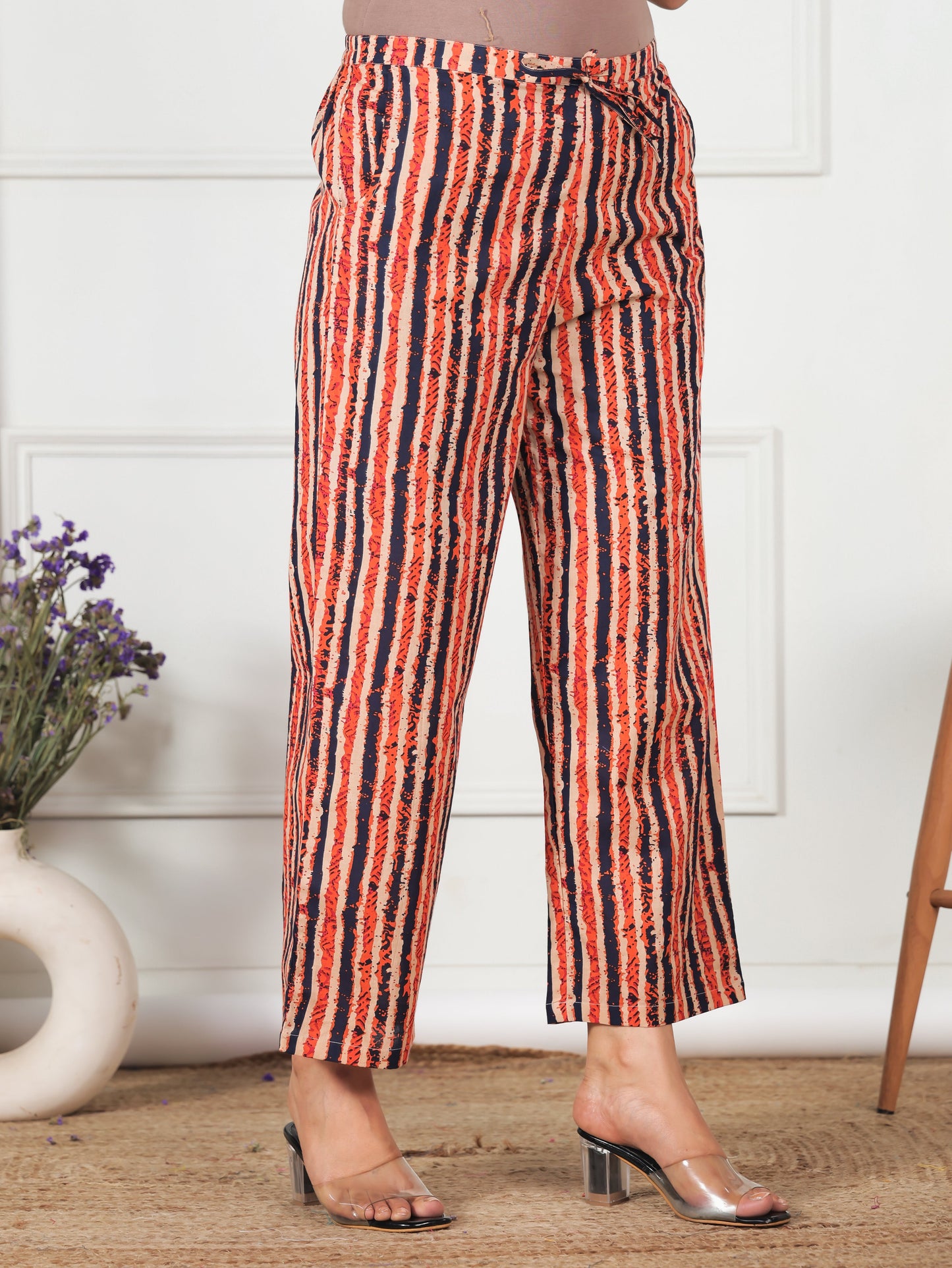 Soft Cotton Striped Blue Straight Trousers
