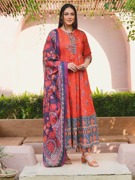Cotton Voile Floral Orange Dupatta