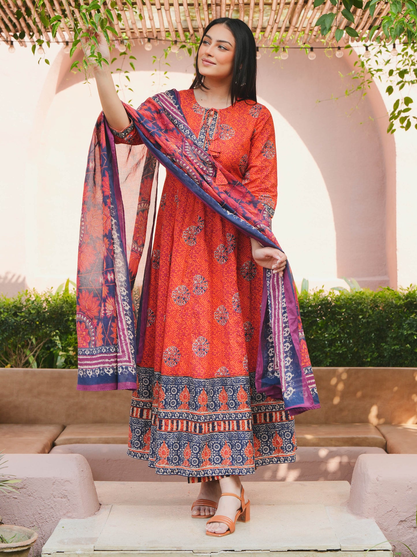 Cotton Voile Floral Orange Dupatta