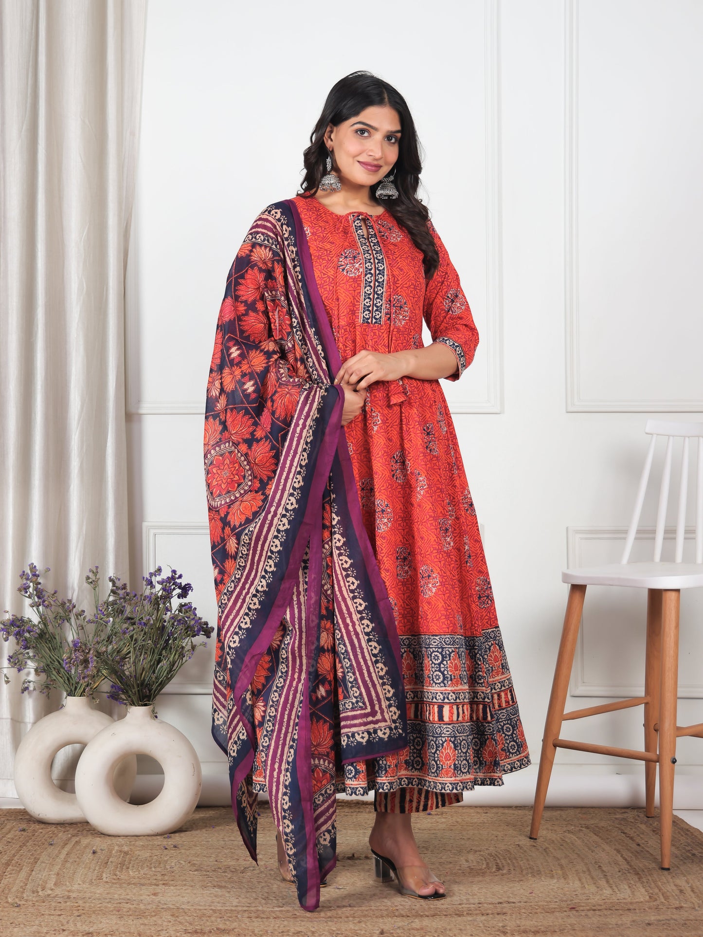 Cotton Voile Floral Orange Dupatta
