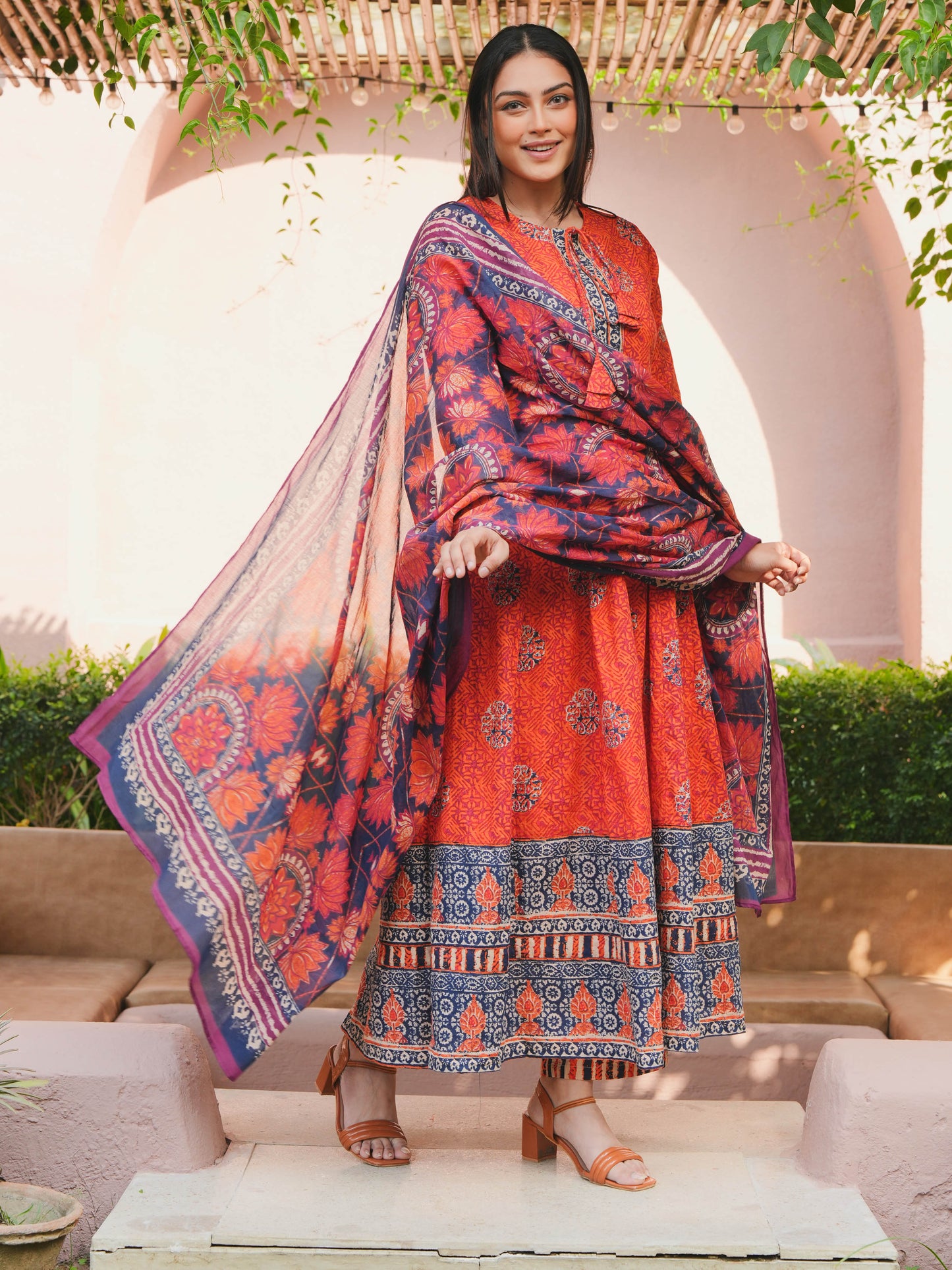 Cotton Voile Floral Orange Dupatta