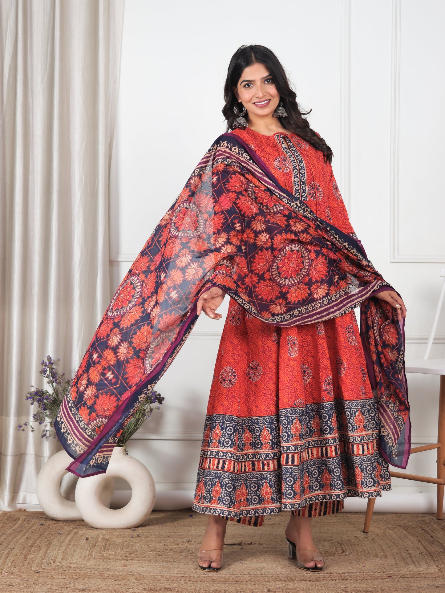 Cotton Voile Floral Orange Dupatta
