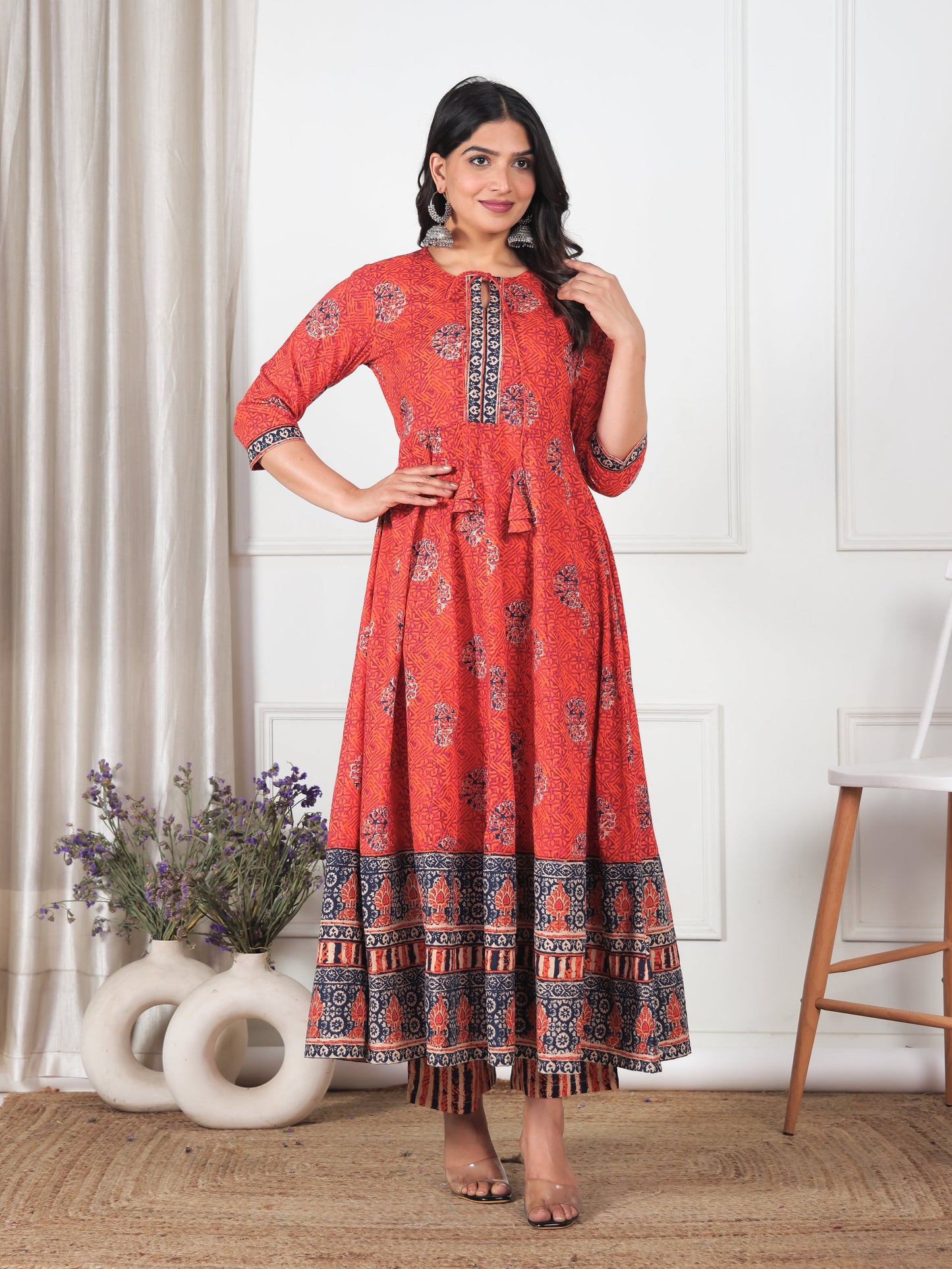 Soft Cotton Floral Flared Orange Kurta