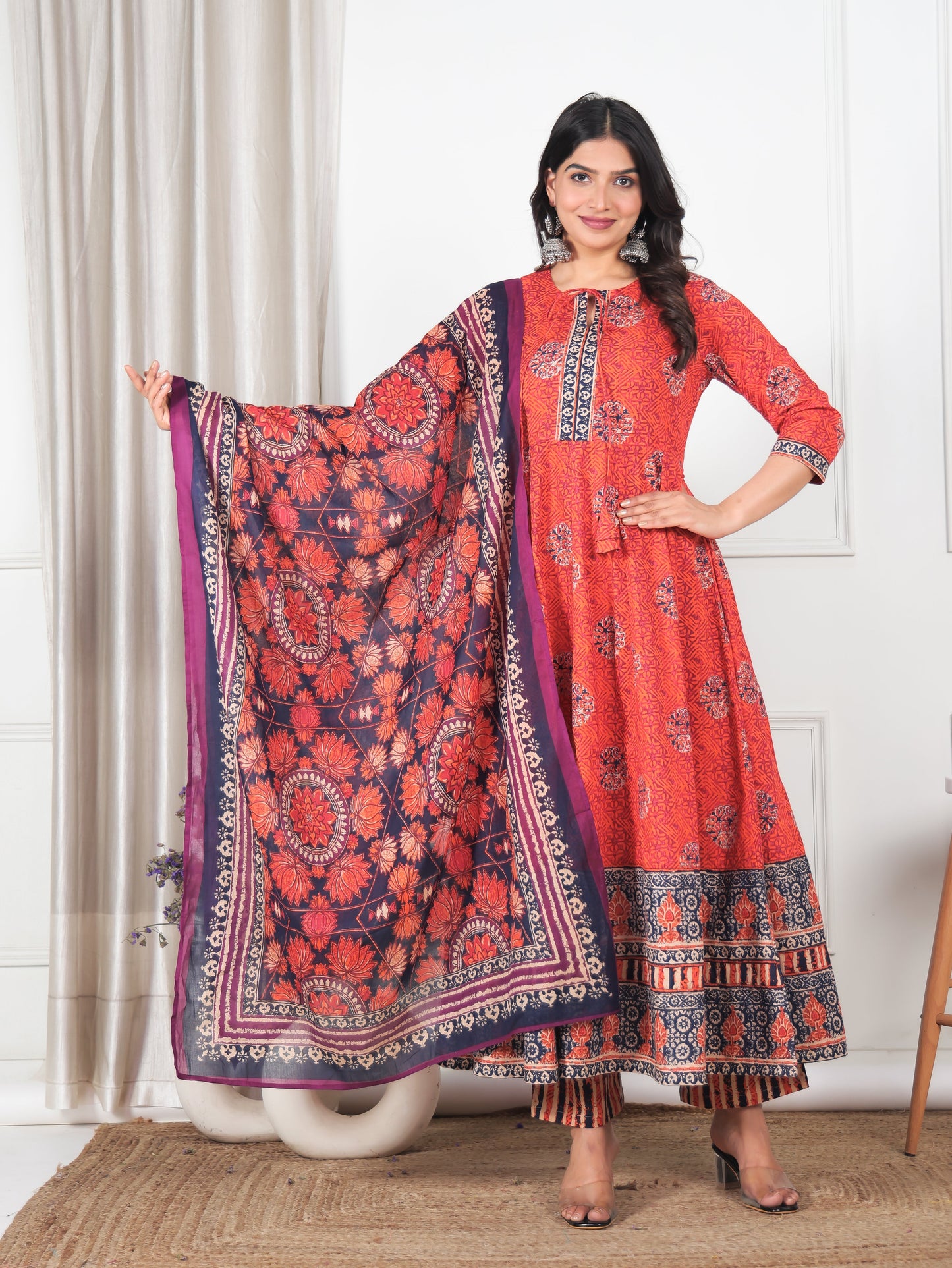 Soft Cotton Floral Flared Orange Kurta