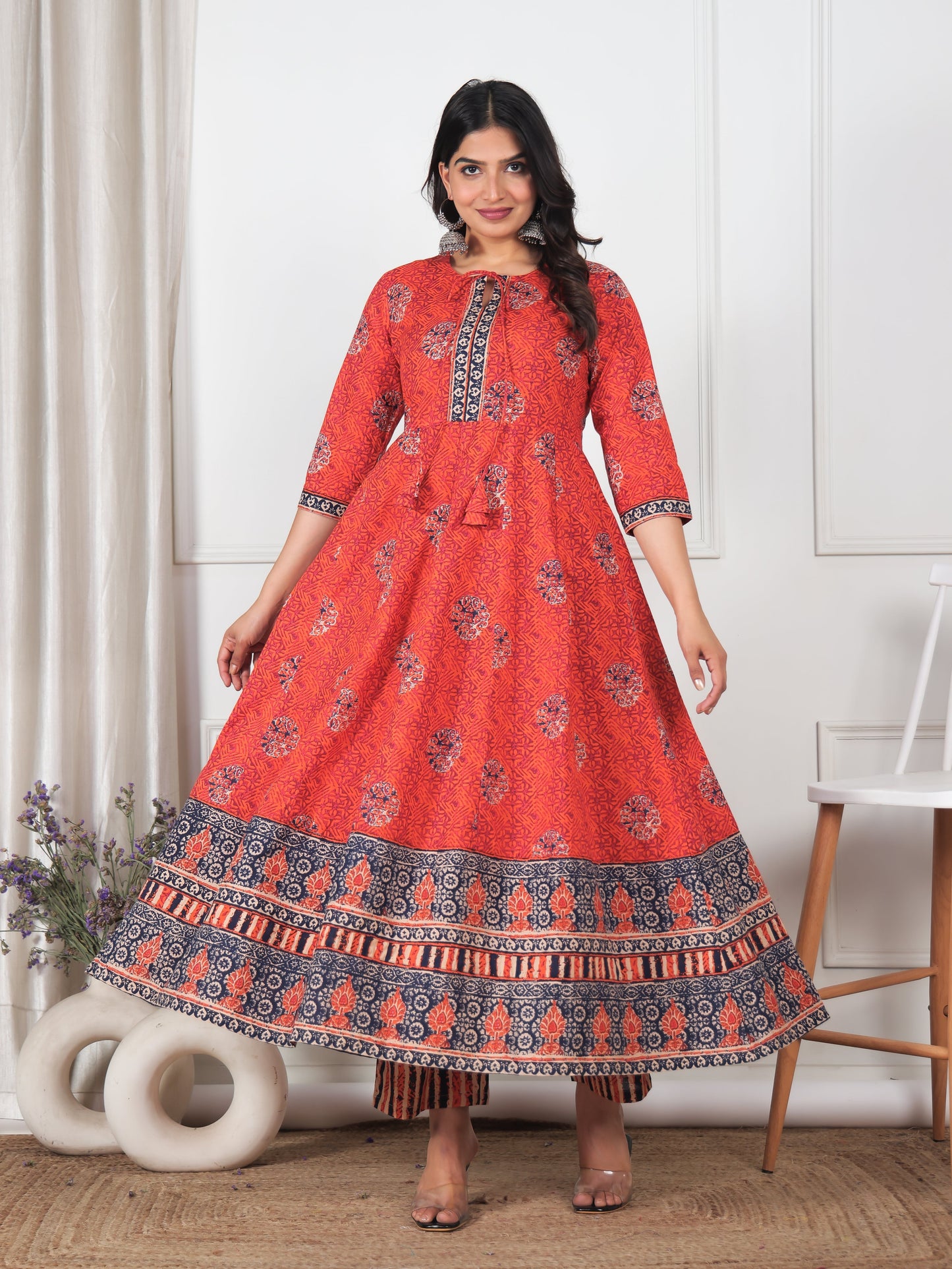 Soft Cotton Floral Flared Orange Kurta