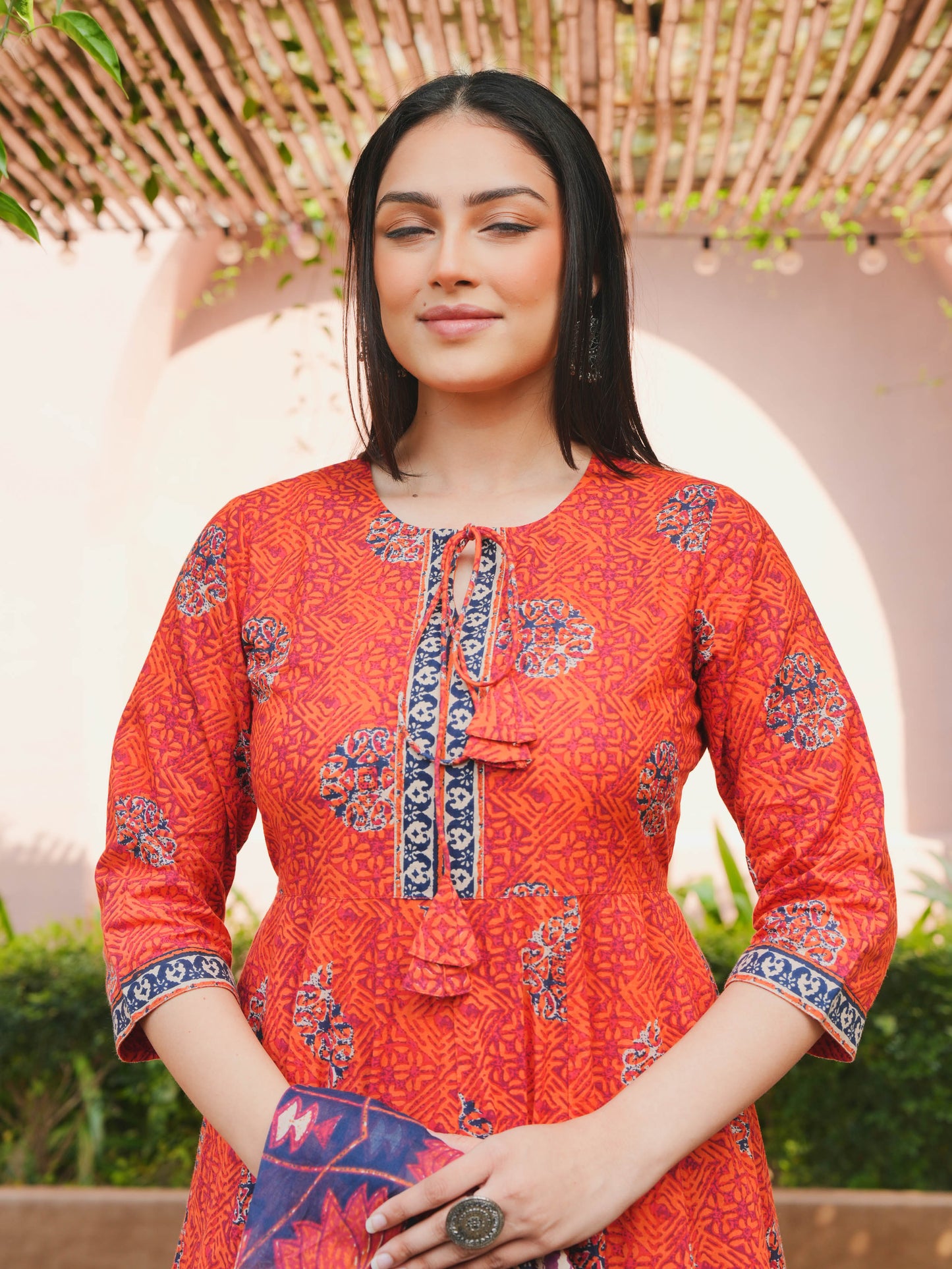 Soft Cotton Floral Flared Orange Kurta