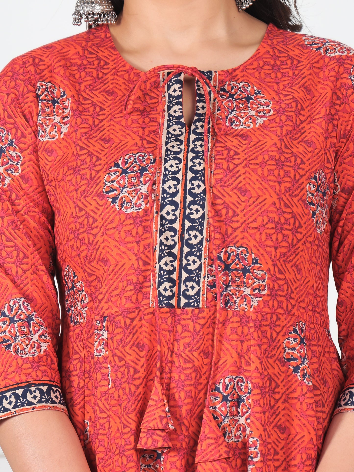 Soft Cotton Floral Flared Orange Kurta