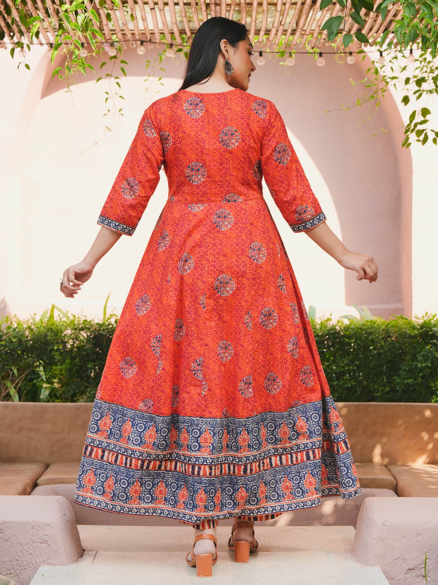 Soft Cotton Floral Flared Orange Kurta
