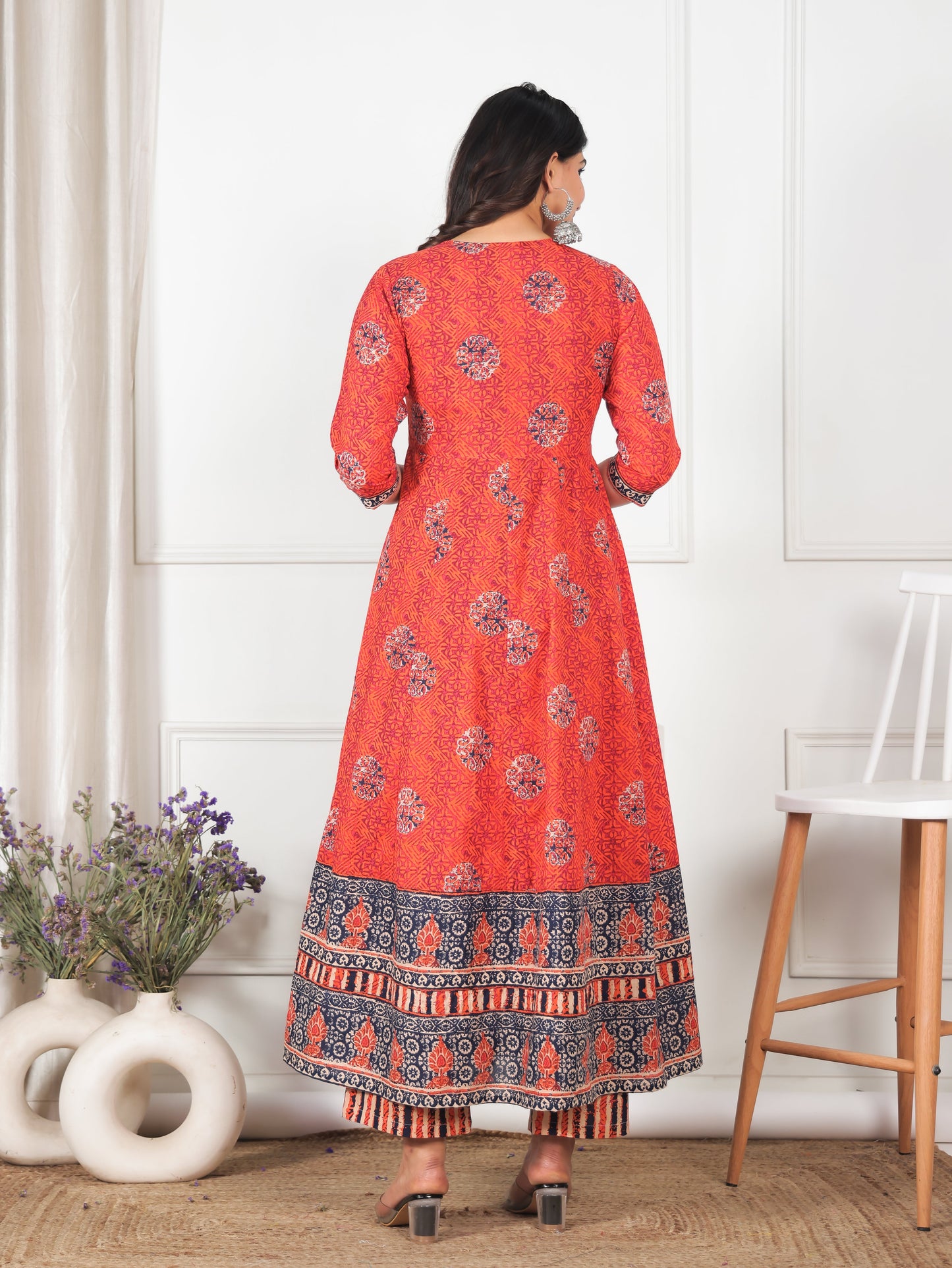 Soft Cotton Floral Flared Orange Kurta