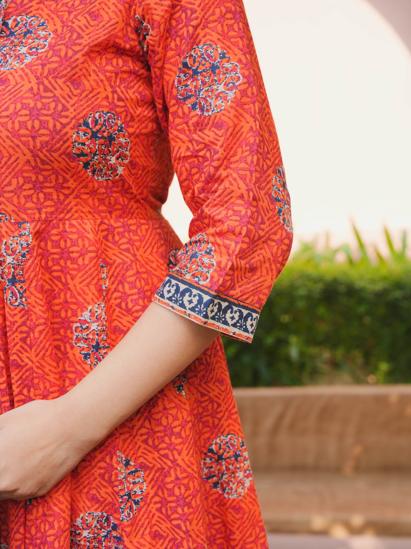 Soft Cotton Floral Flared Orange Kurta