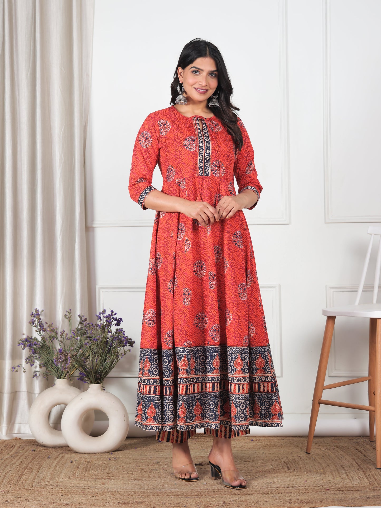 Soft Cotton Floral Flared Orange Kurta