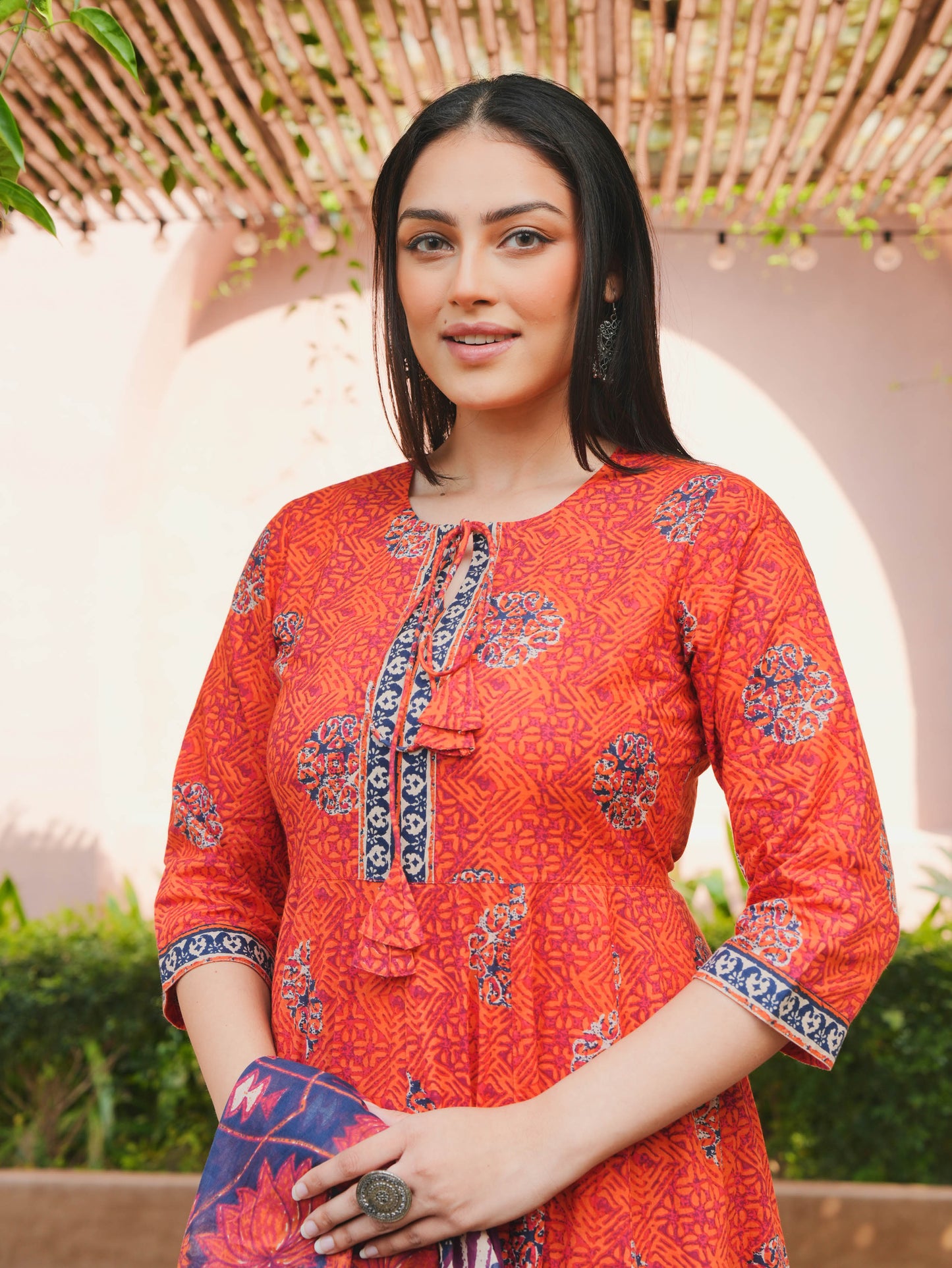 Soft Cotton Floral Flared Orange Kurta