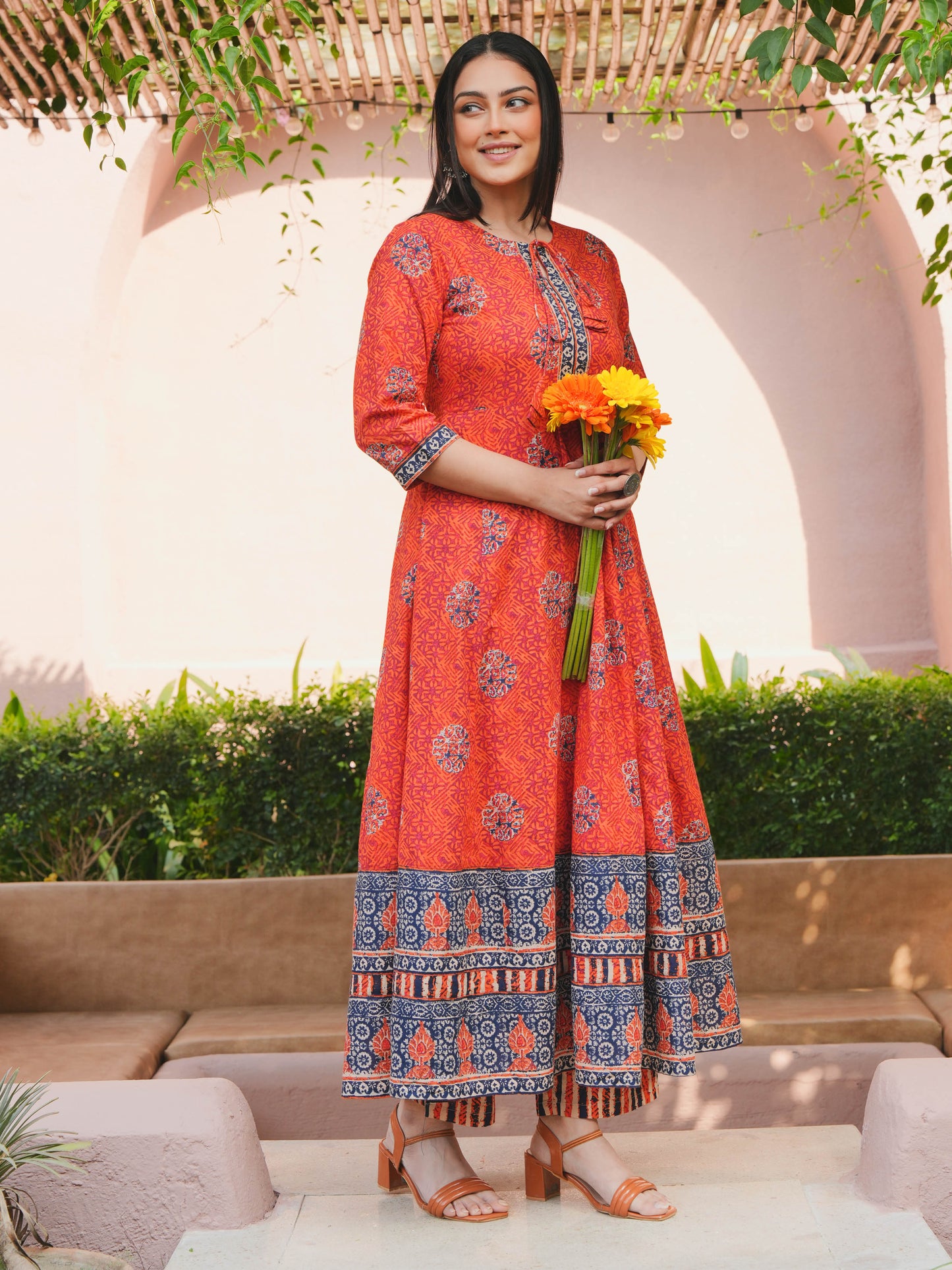 Soft Cotton Floral Flared Orange Kurta