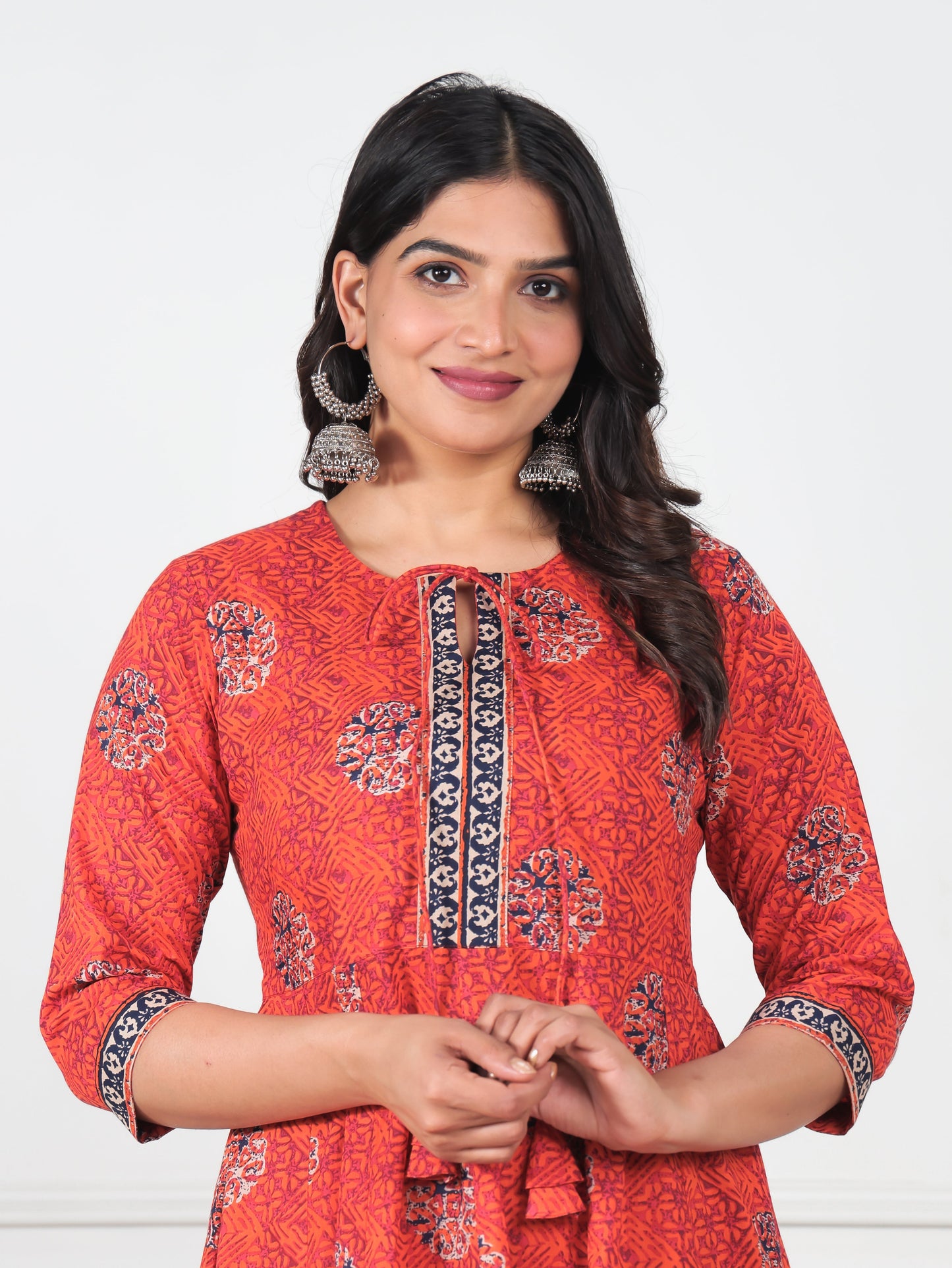 Soft Cotton Floral Flared Orange Kurta