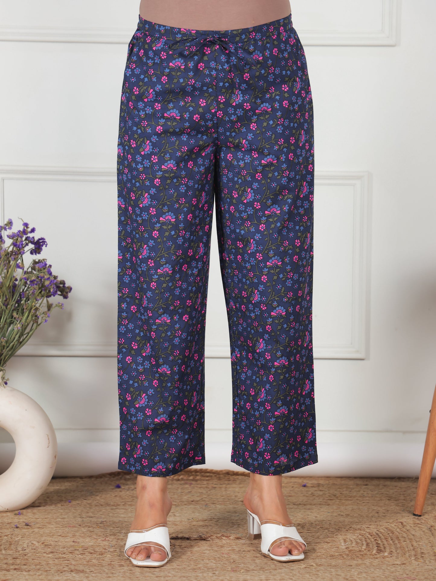 Soft Cotton Floral Blue Straight Trousers