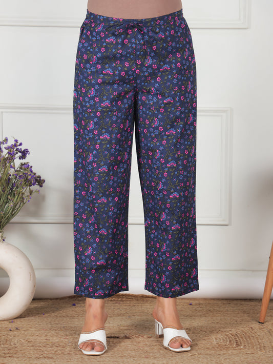 Soft Cotton Floral Blue Straight Trousers