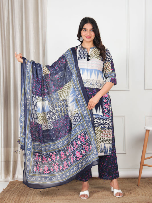 Cotton Voile Placement Print Blue Dupatta