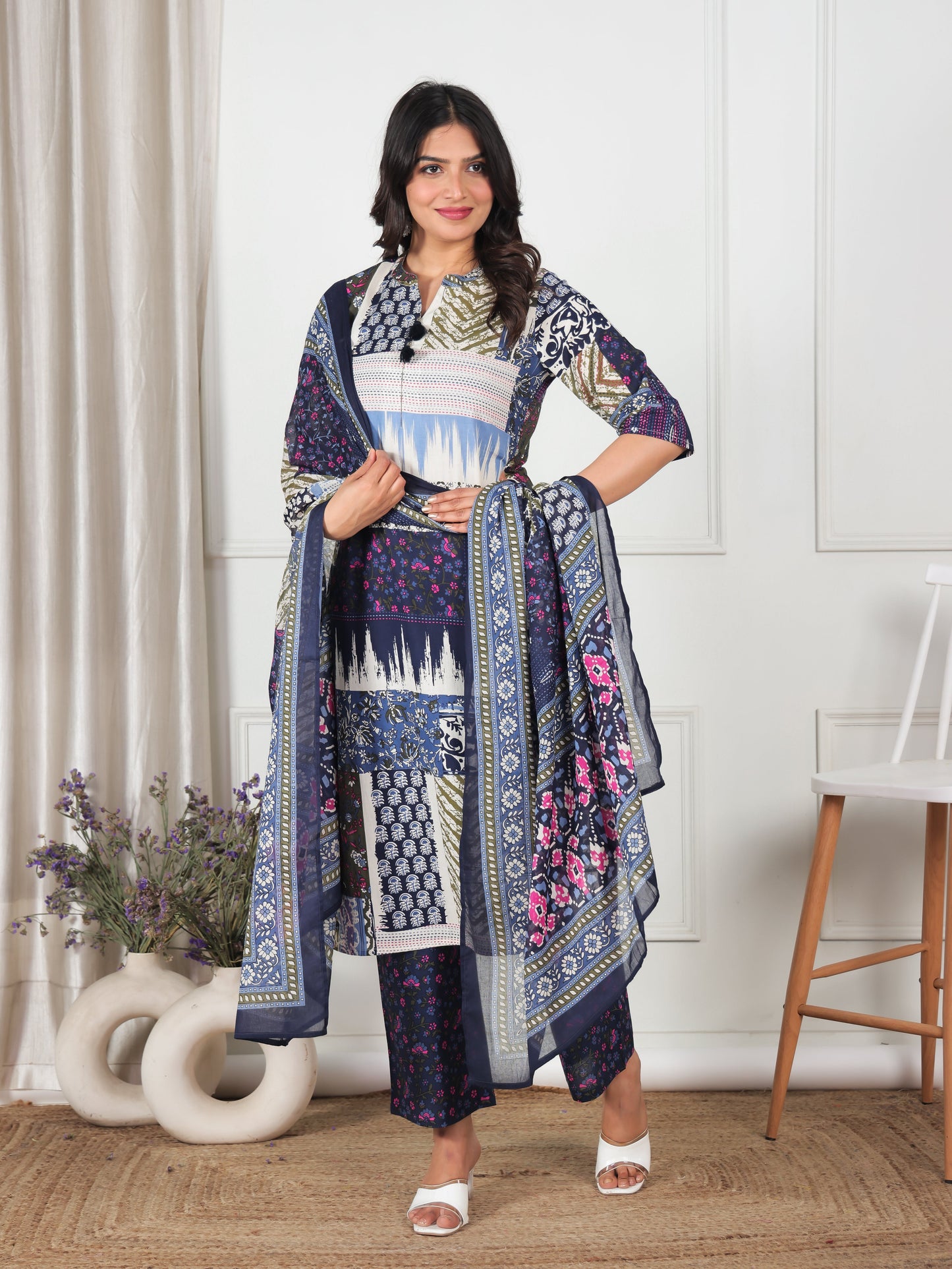 Cotton Voile Placement Print Blue Dupatta
