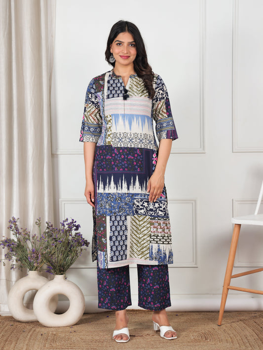 Soft Cotton Placement Print Straight Blue Kurta