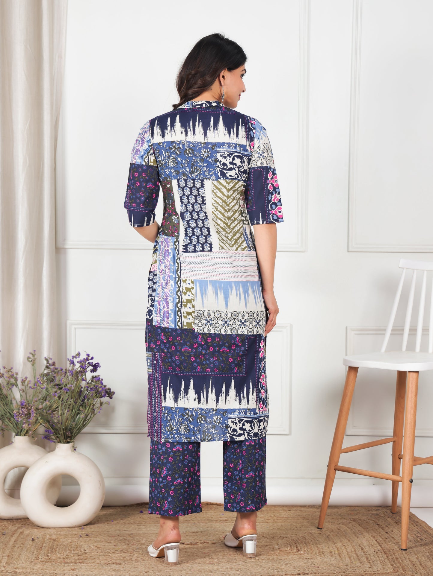 Soft Cotton Placement Print Straight Blue Kurta