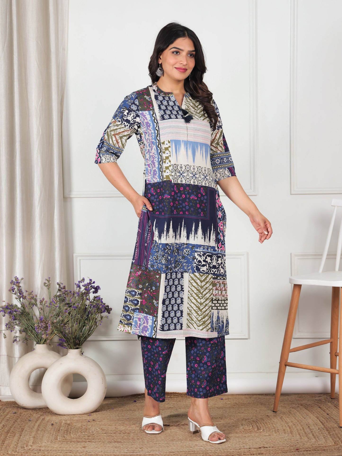 Soft Cotton Placement Print Straight Blue Kurta