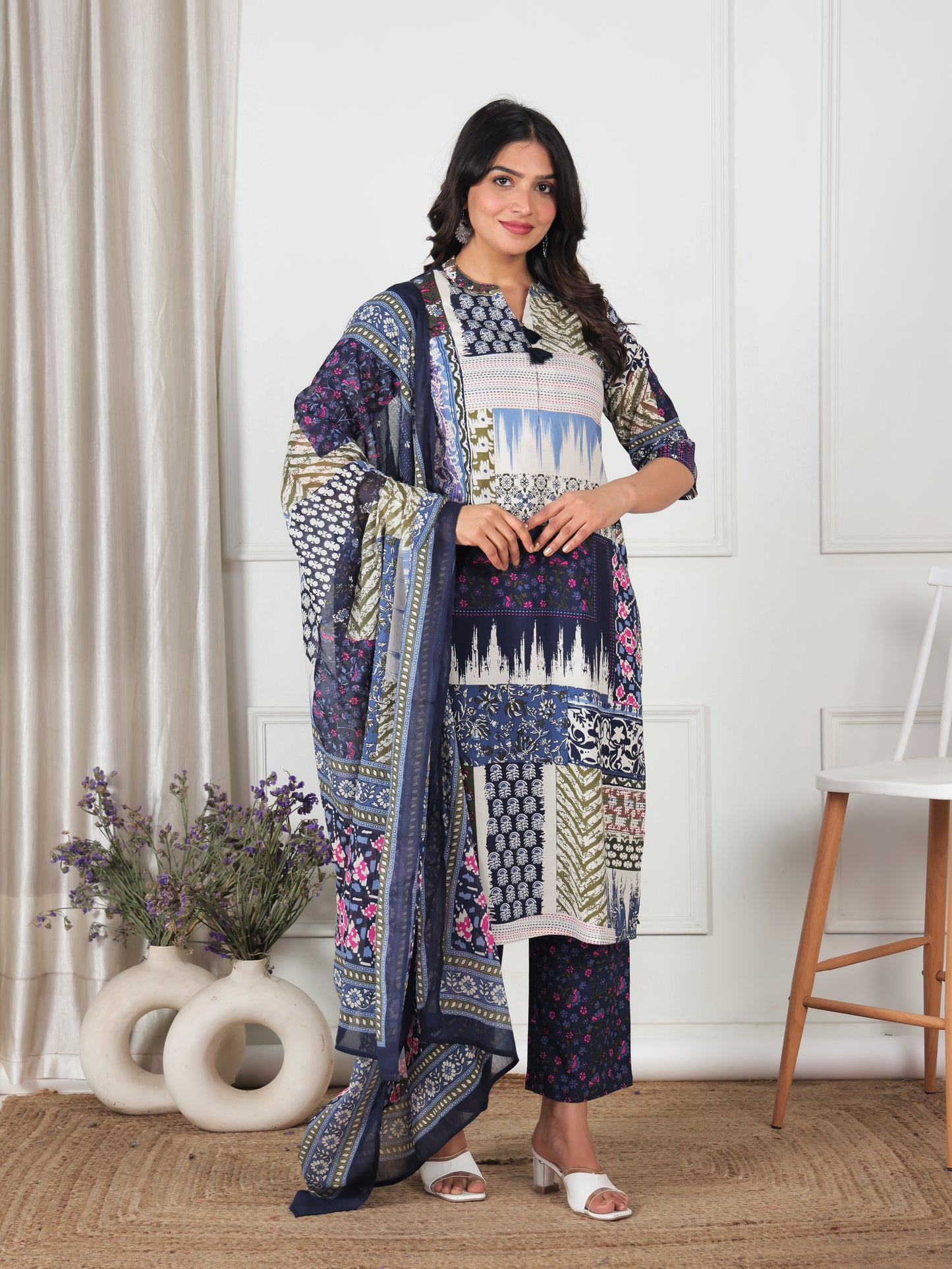 Soft Cotton Placement Print Straight Blue Kurta