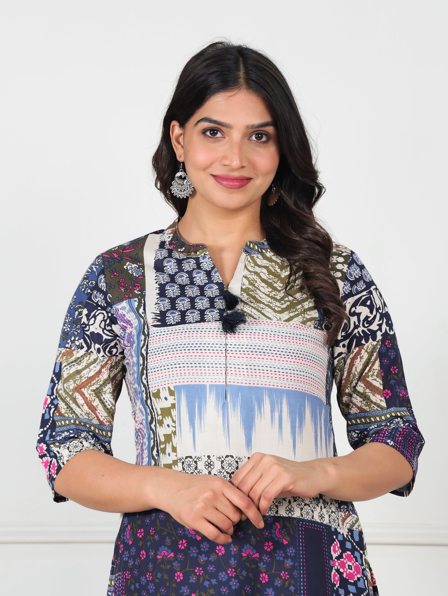 Soft Cotton Placement Print Straight Blue Kurta
