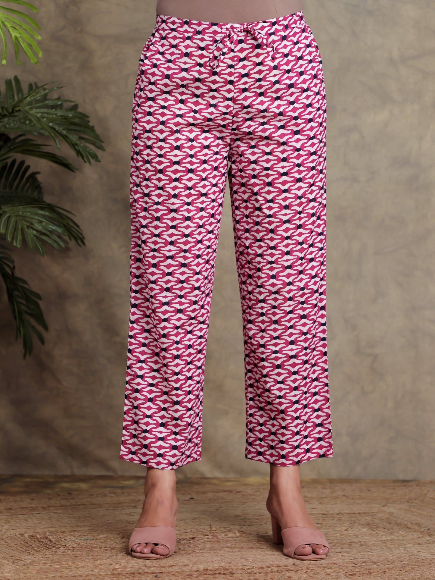 Soft Cotton Geometric Pink Straight Trousers