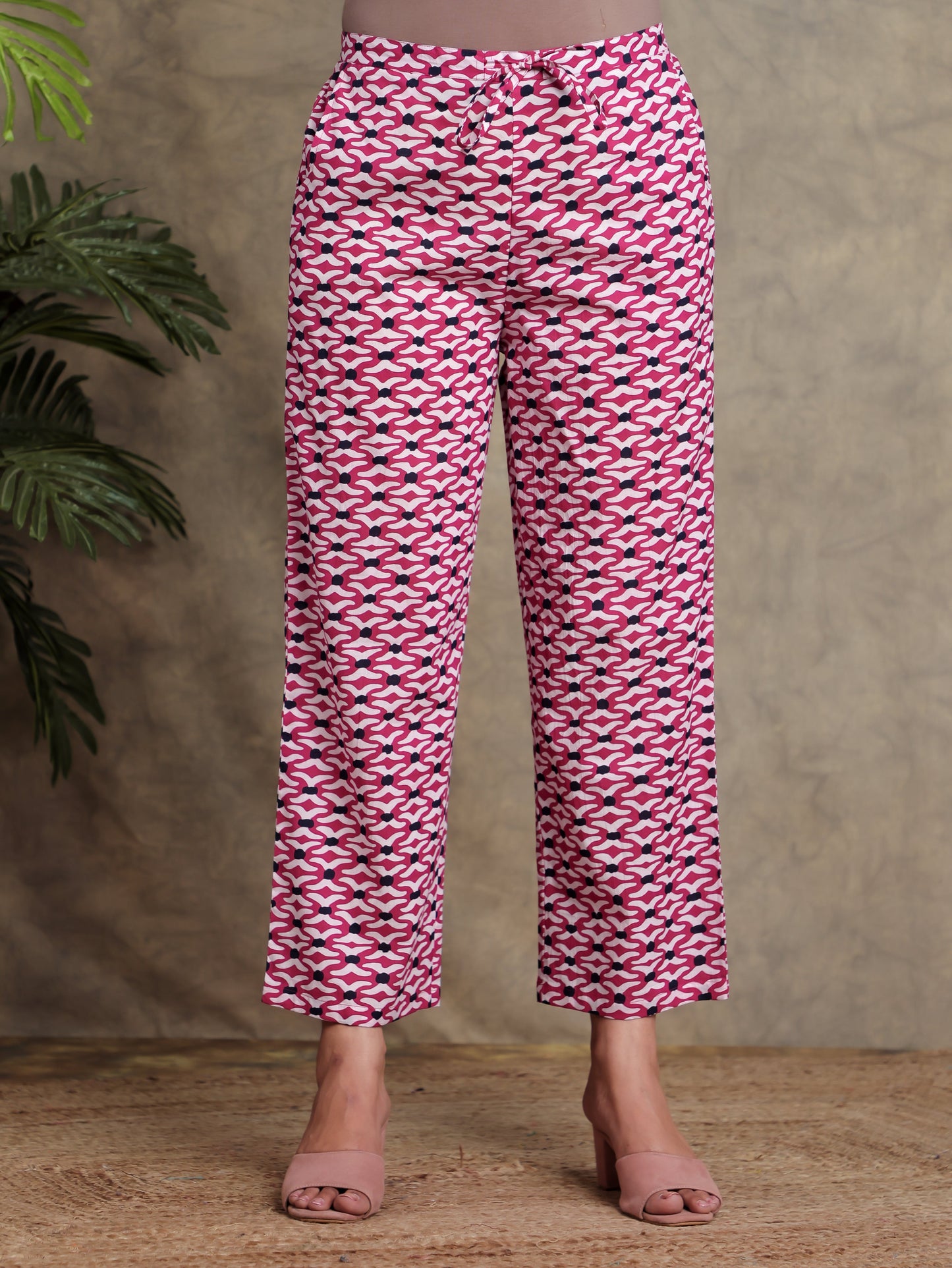 Soft Cotton Geometric Pink Straight Trousers