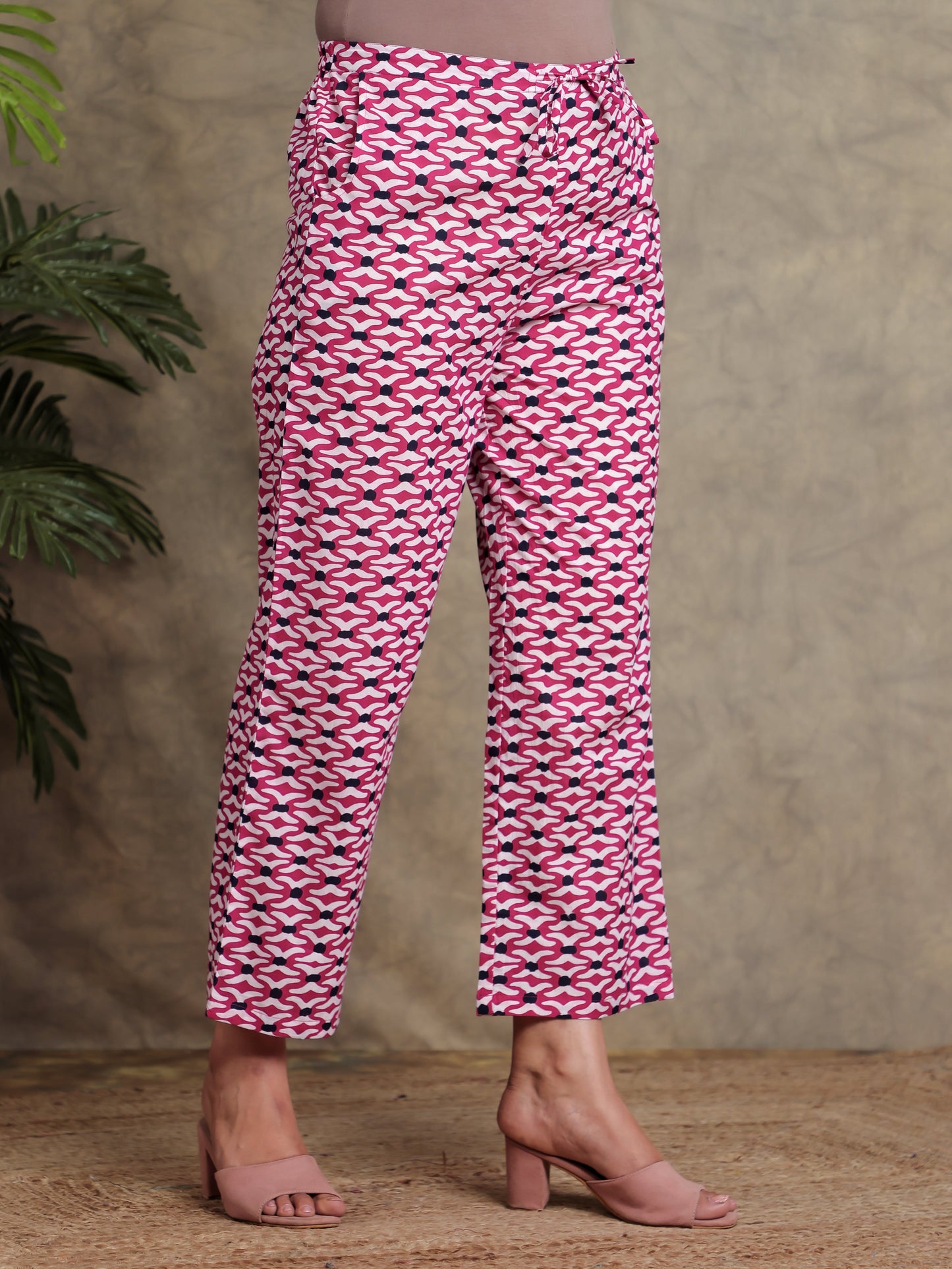 Soft Cotton Geometric Pink Straight Trousers