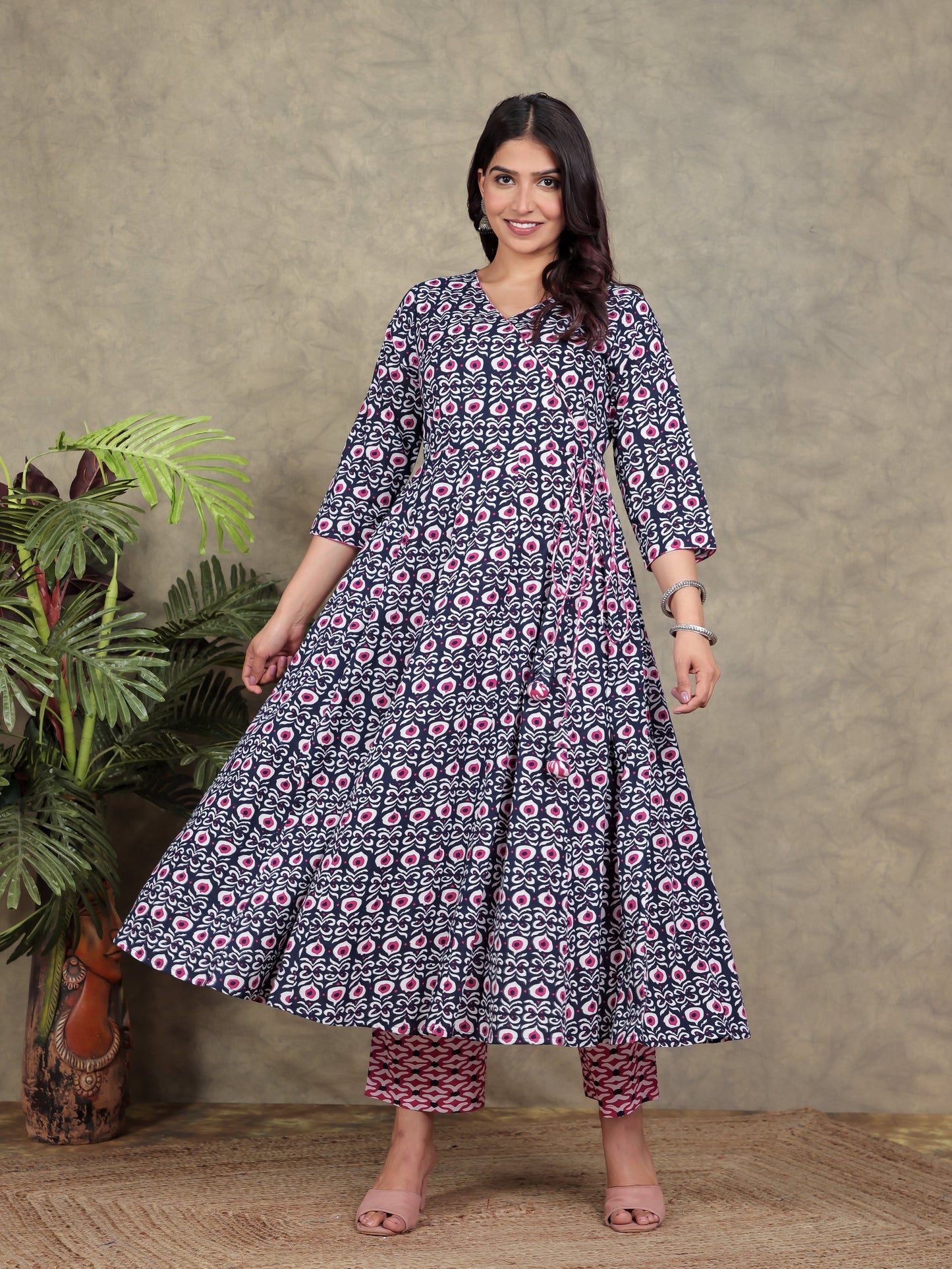 Soft Cotton Geometric Angrakha Blue Kurta