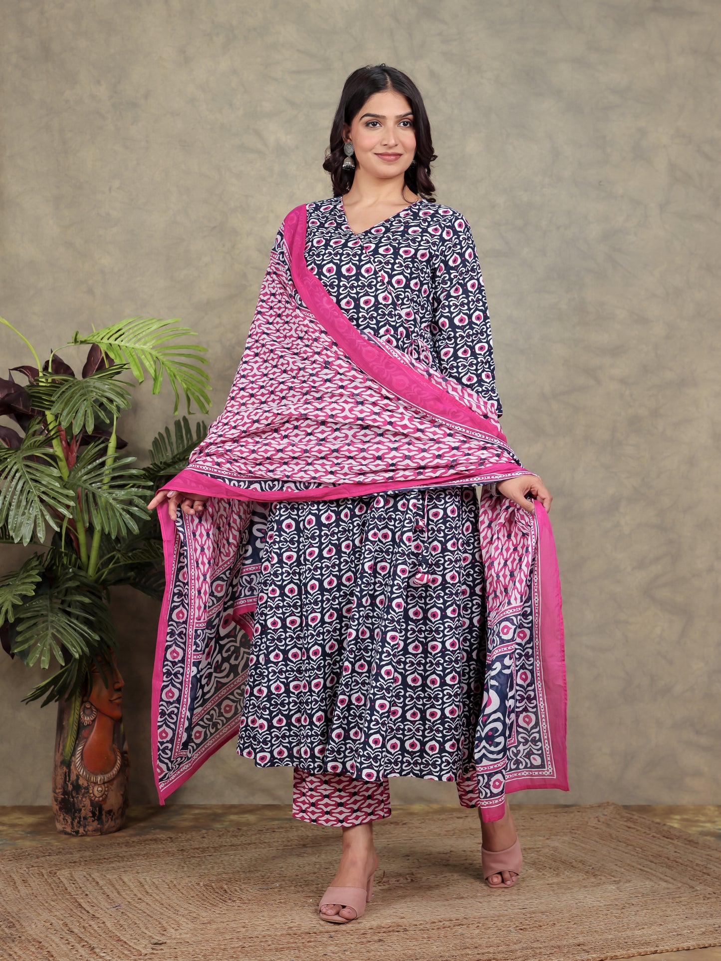 Soft Cotton Geometric Angrakha Blue Kurta