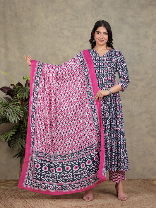 Soft Cotton Geometric Angrakha Blue Kurta