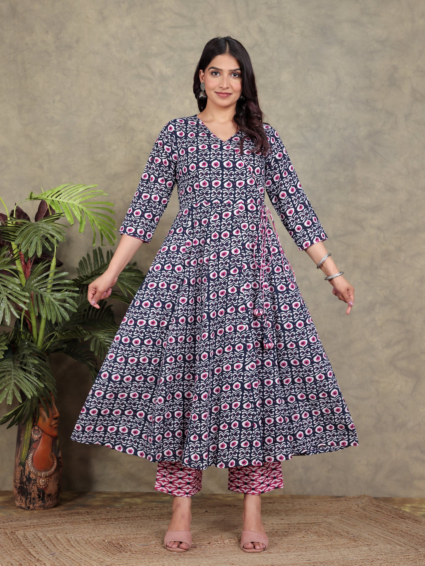 Soft Cotton Geometric Angrakha Blue Kurta