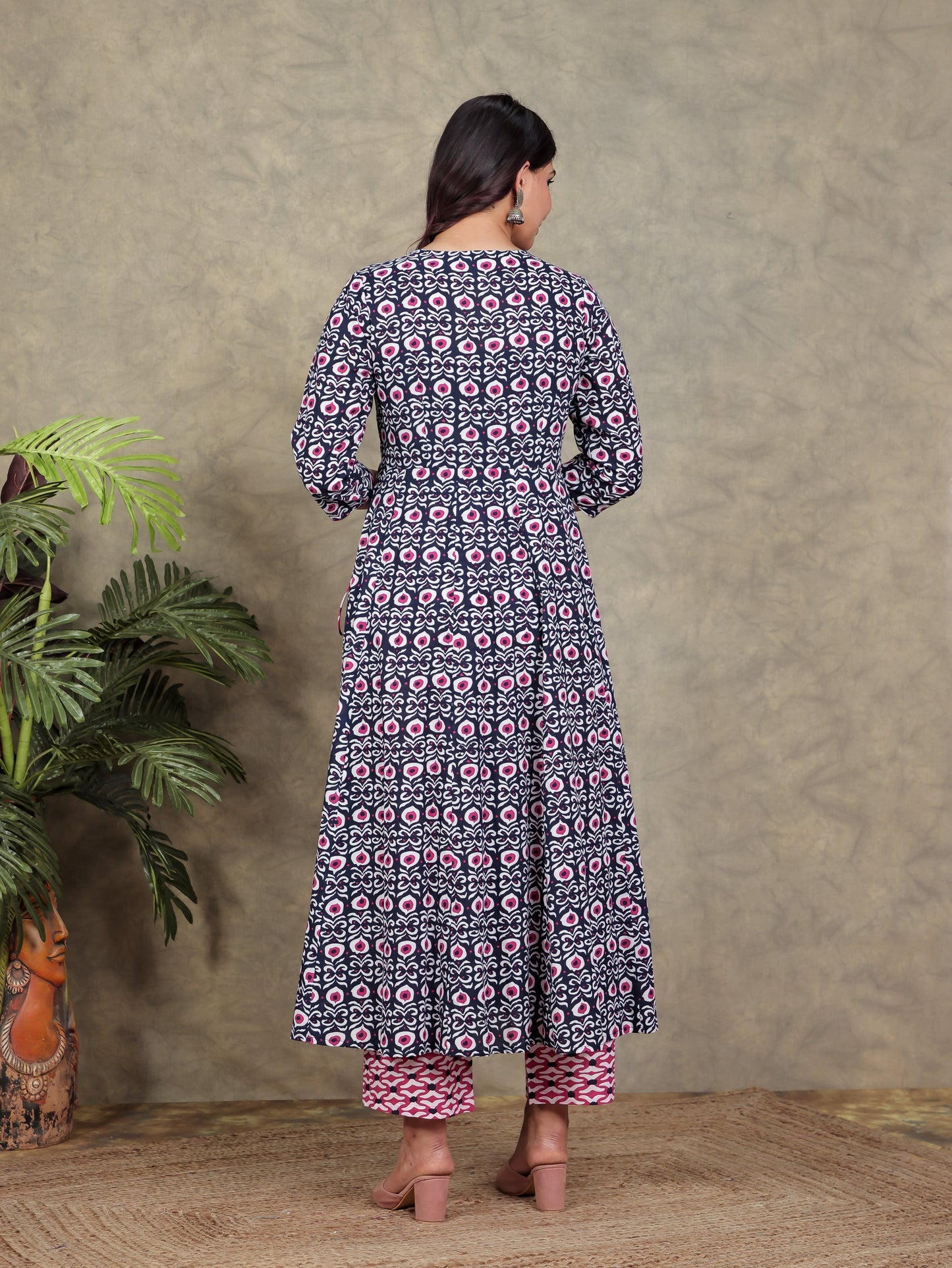 Soft Cotton Geometric Angrakha Blue Kurta