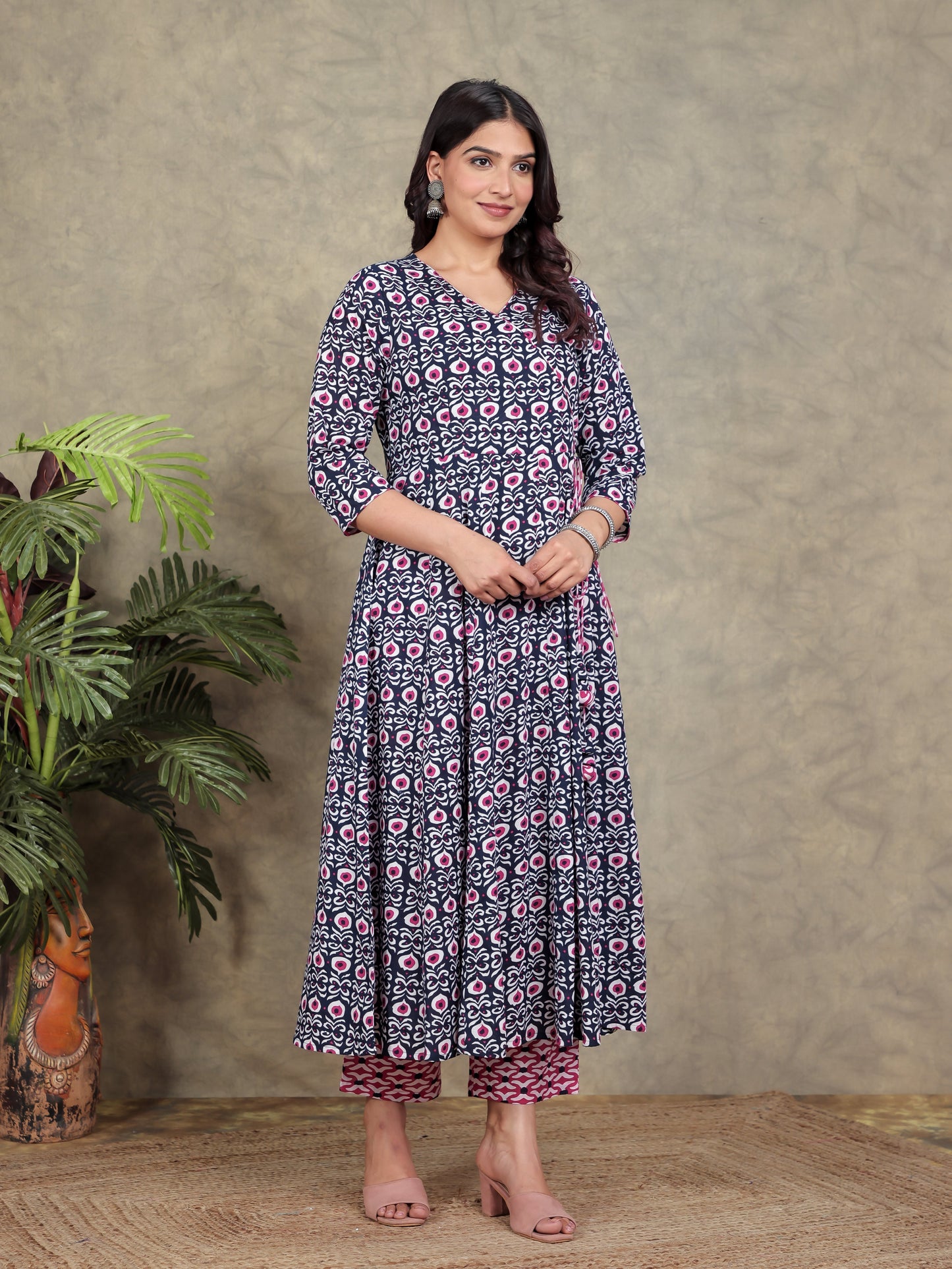Soft Cotton Geometric Angrakha Blue Kurta