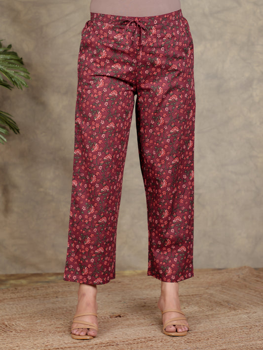 Soft Cotton Floral Maroon Straight Trousers