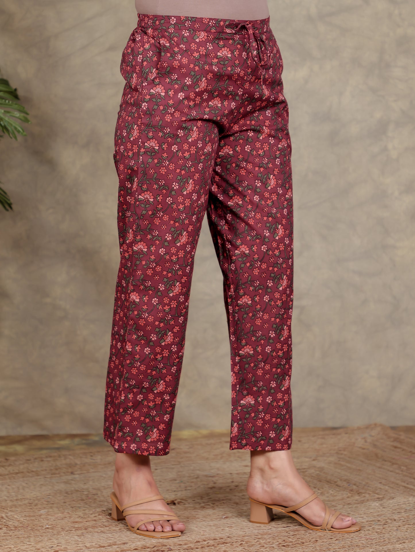 Soft Cotton Floral Maroon Straight Trousers