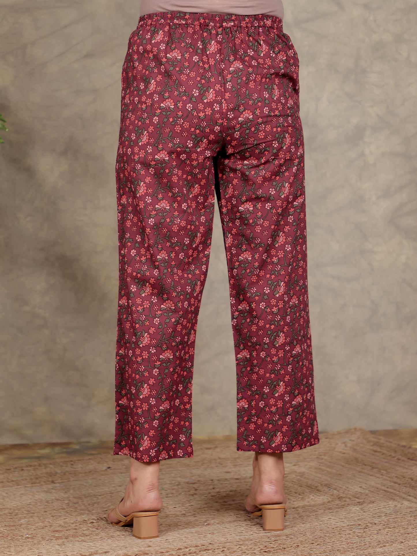 Soft Cotton Floral Maroon Straight Trousers