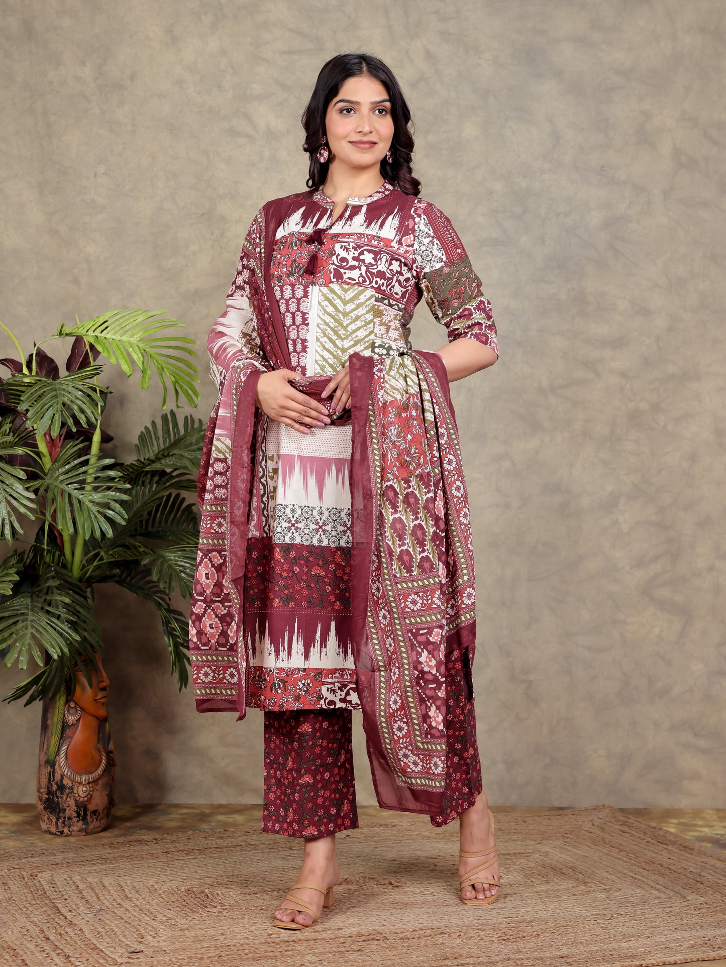 Cotton Voile Patchwork Maroon Dupatta