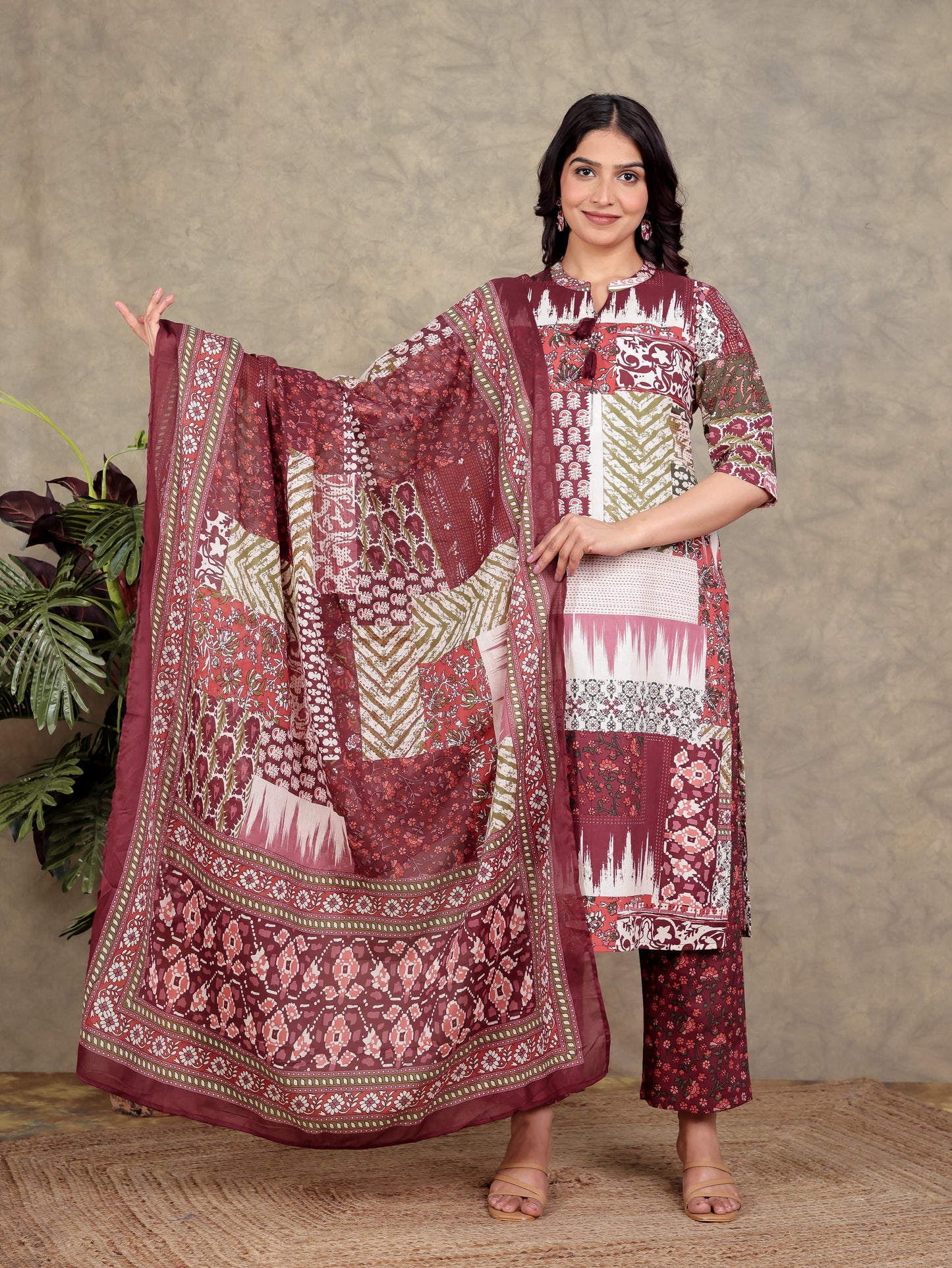Cotton Voile Patchwork Maroon Dupatta