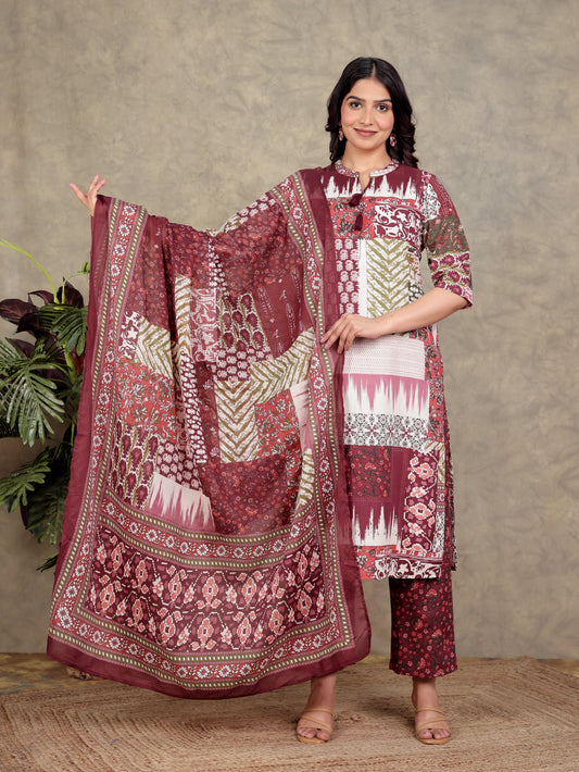 Cotton Voile Patchwork Maroon Dupatta