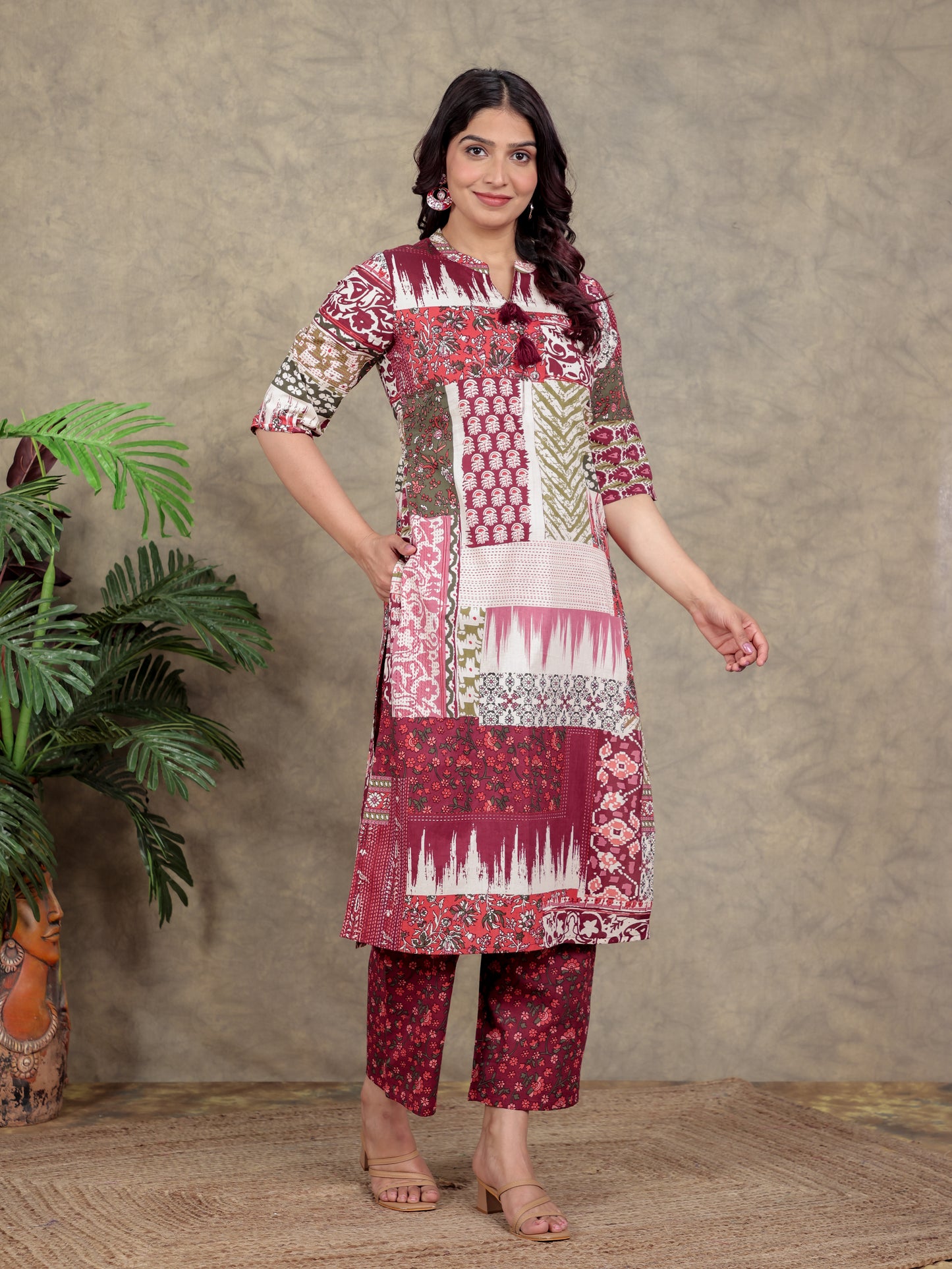 Soft Cotton Patchwork Straight Maroon Kurta