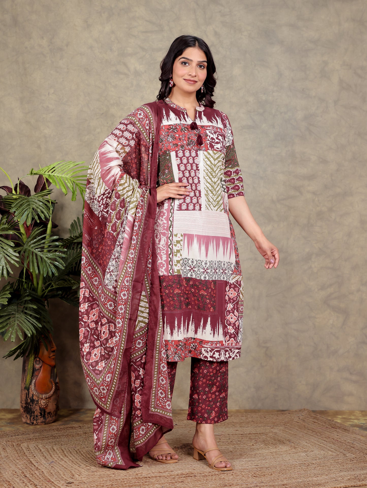 Cotton Voile Patchwork Maroon Dupatta