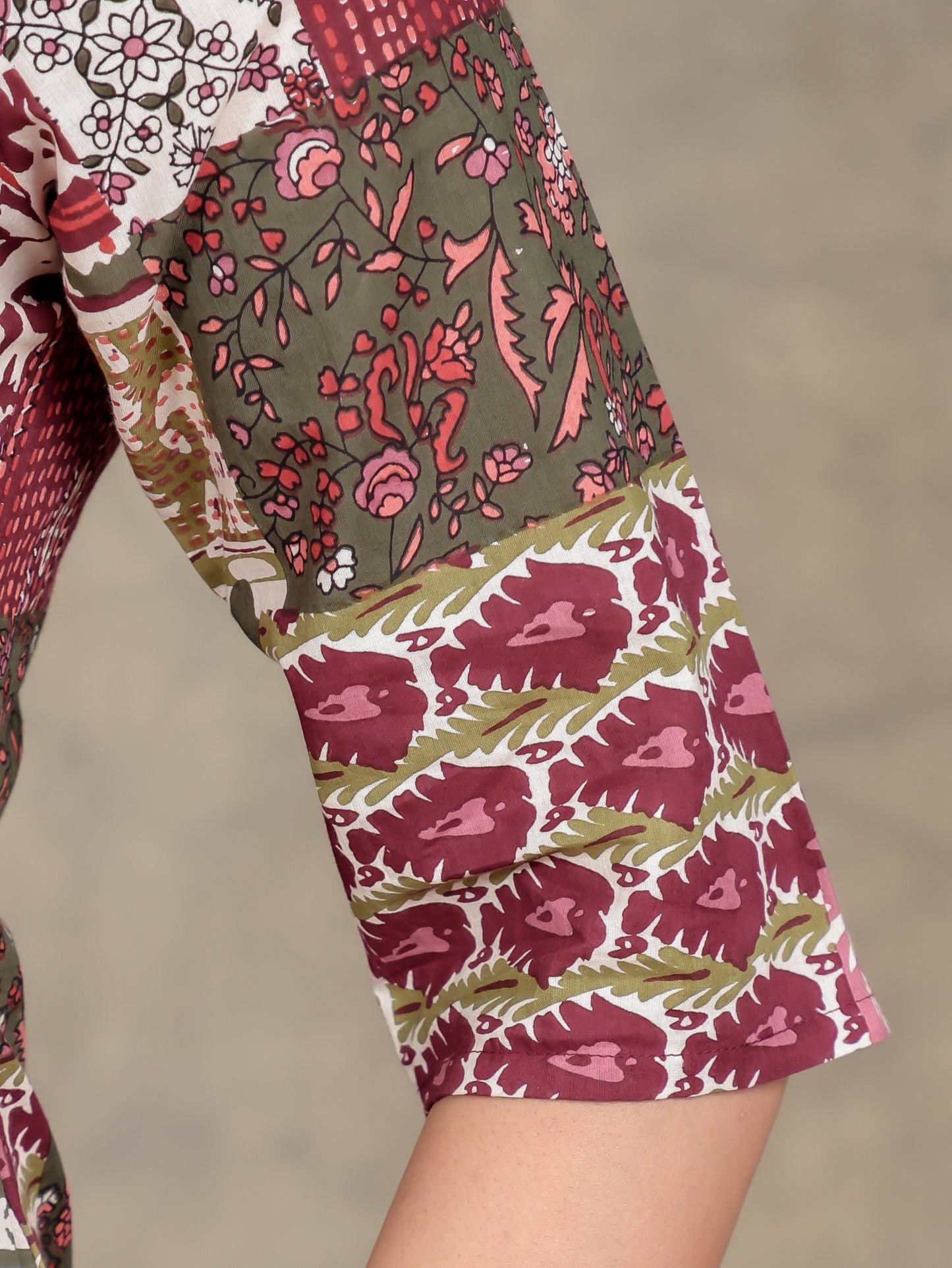 Soft Cotton Patchwork Straight Maroon Kurta