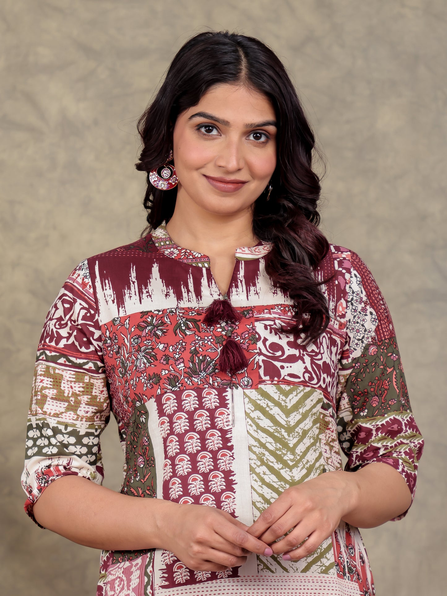 Soft Cotton Patchwork Straight Maroon Kurta