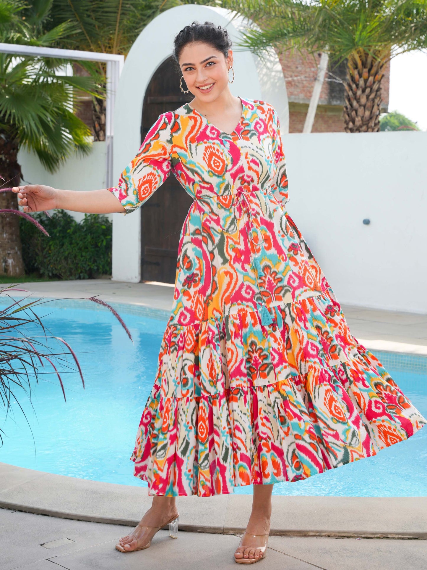 Soft Cotton Abstract Flared Multicolor Dress
