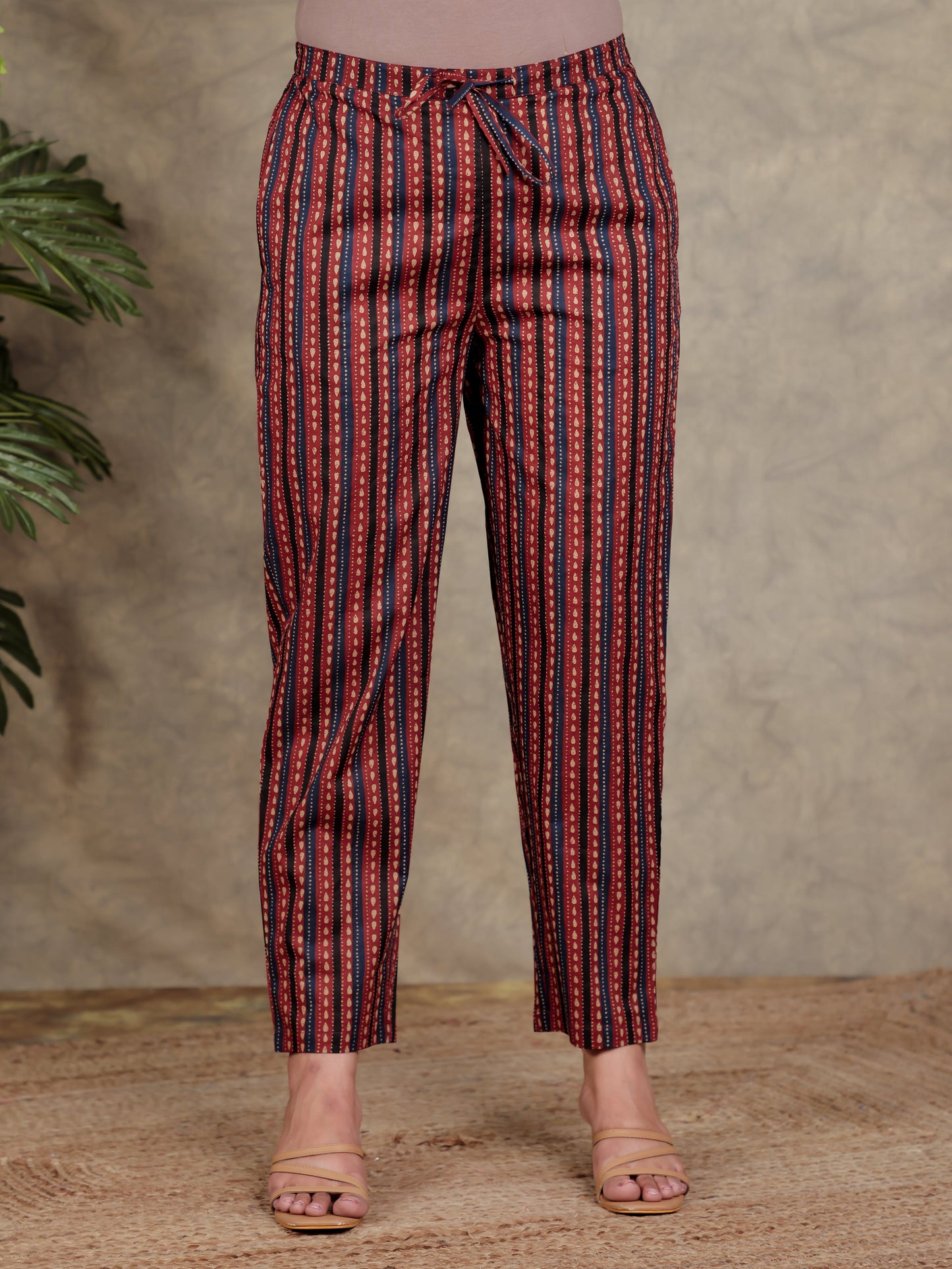 Soft Cotton Striped Rust Tapered Trousers