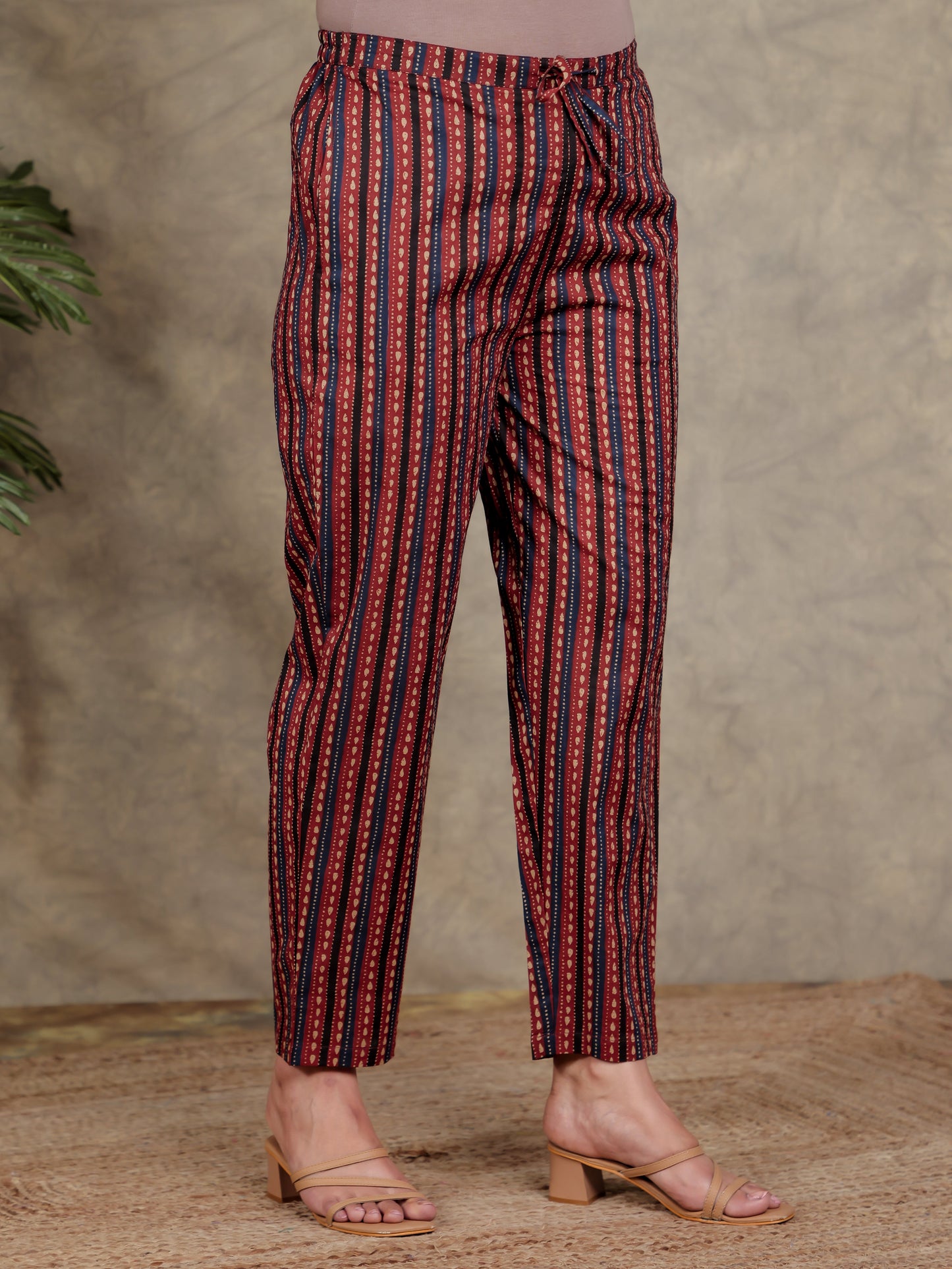 Soft Cotton Striped Rust Tapered Trousers