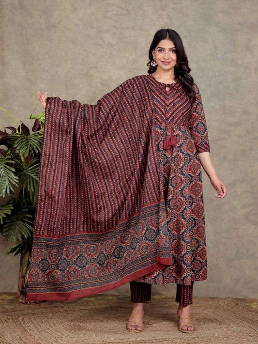 Soft Cotton Geometric Rust Kurta